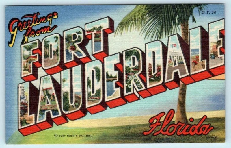 3 Large Letter Linens FORT LAUDERDALE, Florida FL ~ Curteich ca 1940s Postcards