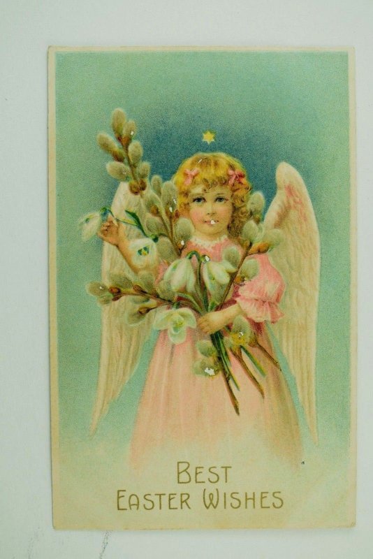 Embossed C. 1910 Easter Postcard Night Scene Angel Star White Crocuses P77