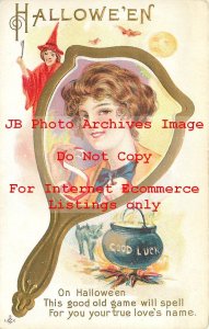 309205-Halloween, Stecher No 248 D, Women in Mirror Frame Peeling an Apple