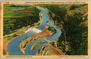 Aerial View Postcard Bonneville Dam Columbia River Oregon