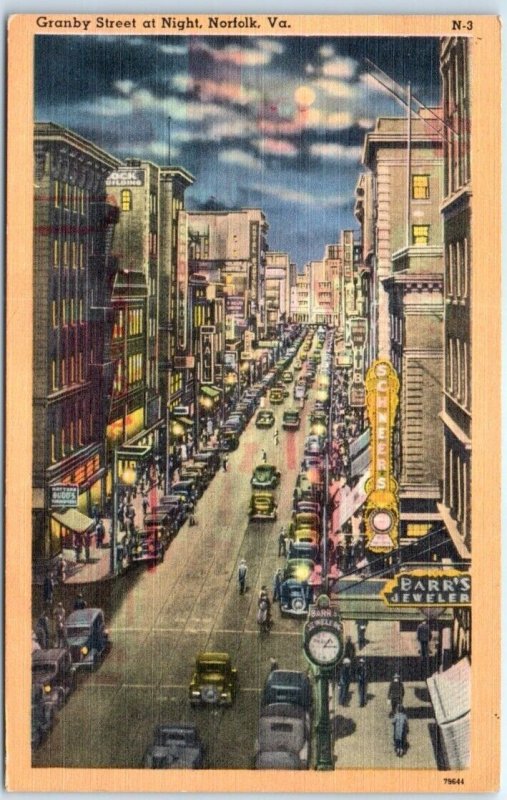 Postcard - Granby Street at Night - Norfolk, Virginia