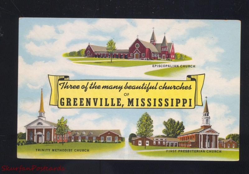 GREENVILLE MISSISSIPPI METHODIST CHURCH PRESBYTERIAN EPISCOPALIAN OLD POSTCARD