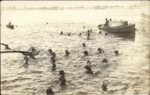 Boys Swimming - All Looking Up at Something c1915 Real Photo Postcard