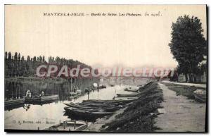 Old Postcard Mantes the pretty Bords de Seine Les Pecheurs Downstream