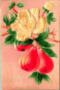 Airbrushed High Relief Embossed Birthday Pears White Rose 1910s Vtg Postcard UNP