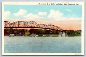 Muscatine Iowa~Mississippi River Bridge~Shoreline~Sunset~Linen 1940s Postcard