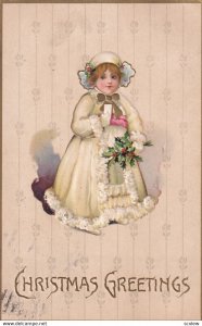 CHRISTMAS, PU-1910; Greetings, Pretty Girl wearing winter outfit holding bouq...