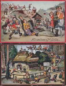 German Drinking Procession Dance Drunk Comic Art Illustrator 2x Old Postcard s