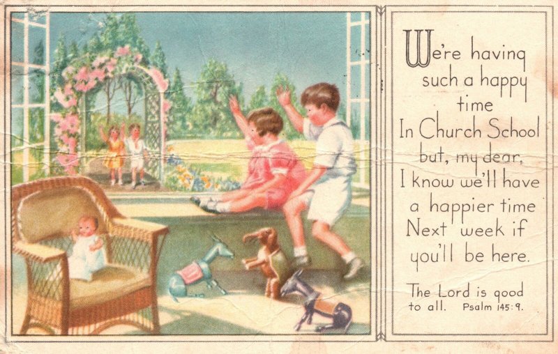 Vintage Postcard 1940's Having Such A Happy Time In Church School Kids Children