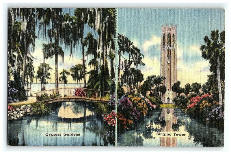 1950-51 Cypress Menu Gardens Souvenir Tower Winter Haven Florida Linen pc 5 