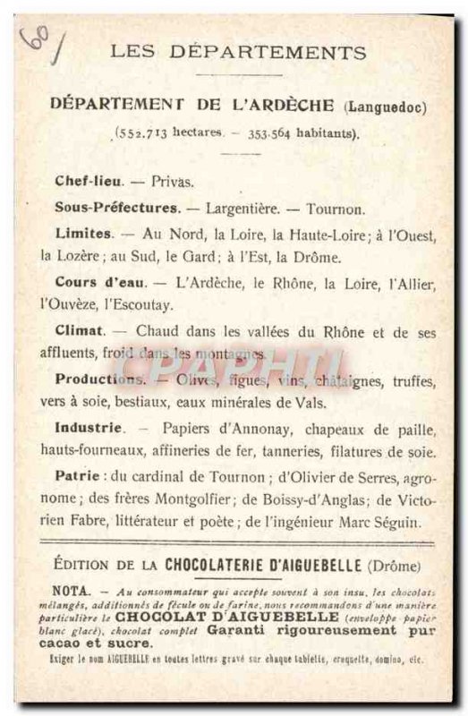Old Postcard geographical maps of Chocolaterie & # 39Aiguebelle Ardeche Chate...
