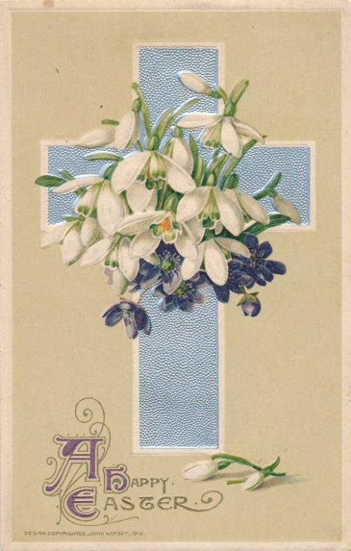 Easter Greetings - Cross and Lilies - Flowers - pm 1913 - John Winsch - DB