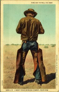 Cowboy Rear View, Time Out Rolling His Own Smoke Texas Postcard