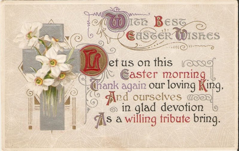 Flowers. Cross. Easter Message Old vintage American Easter greetings P