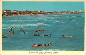 Galveston Texas Beachfront, Swimmers “Fun in the Gulf”   Vintage Chrome Postcard