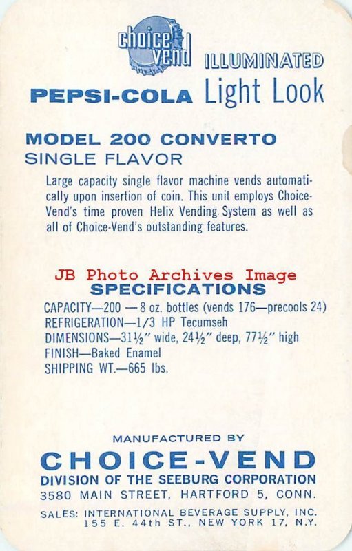 Advertising Card, Seeburg ChoiceVend 200 Converto, Pepsi Vending