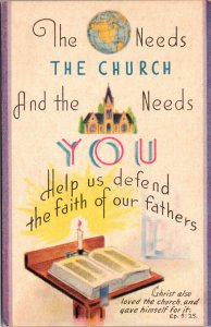 Vtg 1940's The World Needs Church and The Church Needs You Religious Postcard