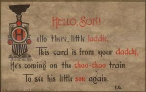 Artts & Crafts HELLO SON RR Train Postcard Poem From Daddy