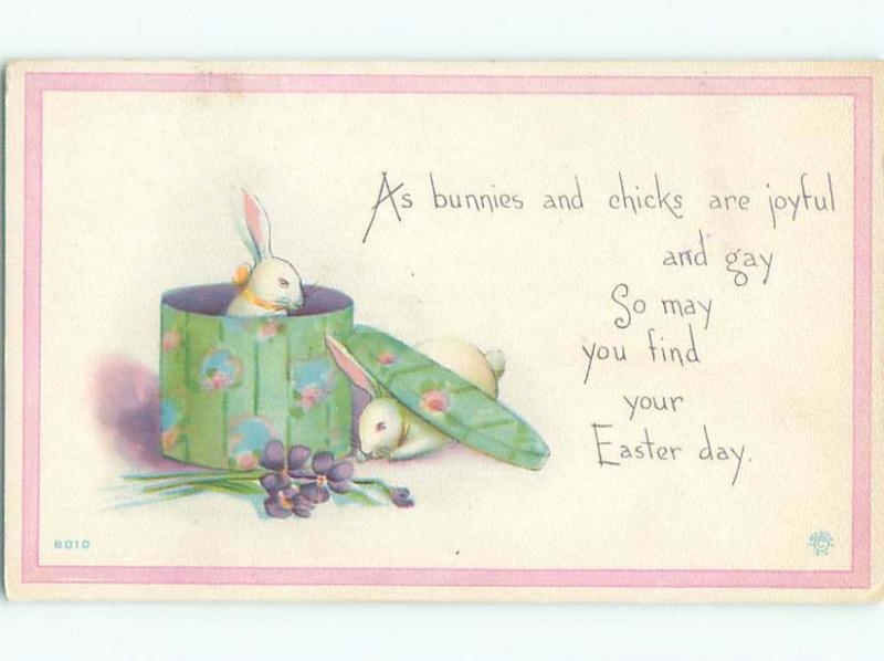 Unused Pre-Linen easter BUNNY RABBIT WEARING RIBBON SITTING IN HATBOX k2030