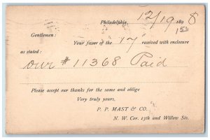 1898 Jefferson Savings Bank Shepherdstown WV Philadelphia PA Postal Card