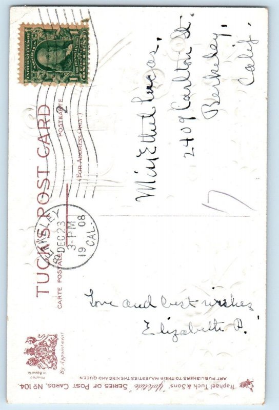 Christmas Postcard Message Text Holly Berries Embossed Berkeley CA 1908 Antique