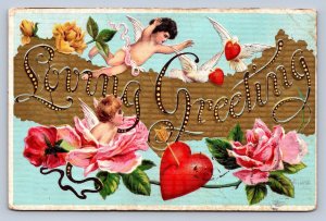 J93/ Valentine's Day Love Holiday Postcard c1910 Cupid Hearts 521