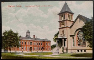 Vintage Postcard 1908 Congregational Church & High School, Clarion, Iowa (IA)