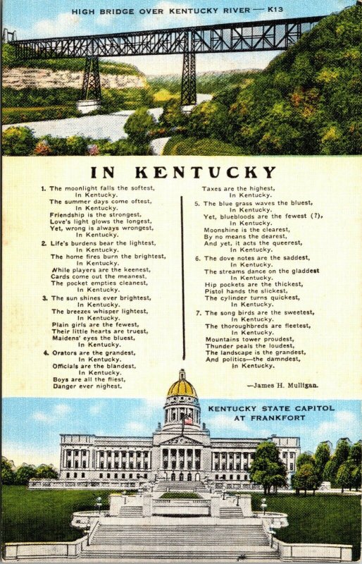 Vtg In Kentucky James Mulligan Poem High Bridge State Capitol Frankfort Postcard