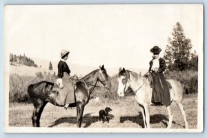 Cowgirls Postcard RPPC Photo On Horseback With Dog Scene Field 1910 Antique