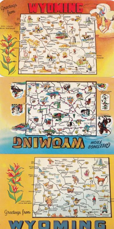 Wyoming 3x Map Postcard s