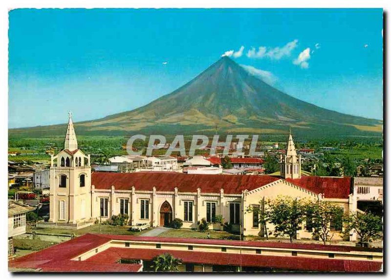 Postcard Modern Legaspi City Church and Mayon Volcano Philippines