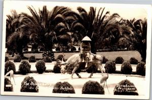 RPPC Missionary on Water Buffalo, Bernheimer Residence CA Vintage Postcard L15