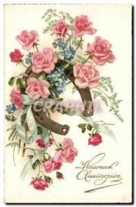Fancy Old Postcard Happy Birthday (Flowers) Horseshoe