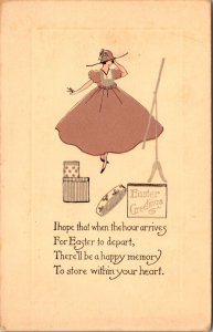 Easter Postcard Woman Trying on Hats Hat Box Mirror Poem