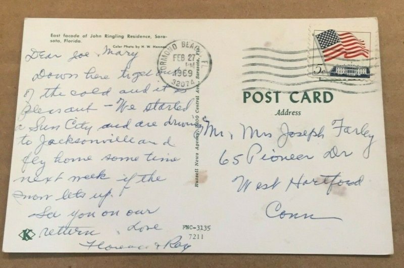 1969 USED POSTCARD - JOHN RINGLING RESIDENCE, SARASOTA, FLORIDA