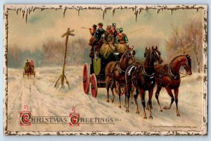 John Winsch Signed Postcard Christmas Greetings Horse Carriage Winter Embossed