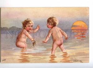 240400 NUDE Kids w/ crayfish by FIALKOWSKA Vintage postcard