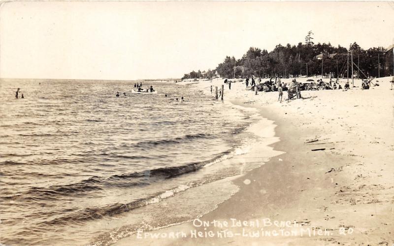 Ludington Michigan~Epworth Heights~Beach Scene~People in Water-on Sand~RPPC