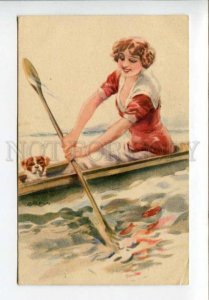 423142 USABAL Belle Woman Pekingese PUPPY Boat ROWING Vintage