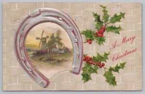 Holiday~Christmas~Windmill @ Sunset in Horseshoe~Holly~Vintage Postcard