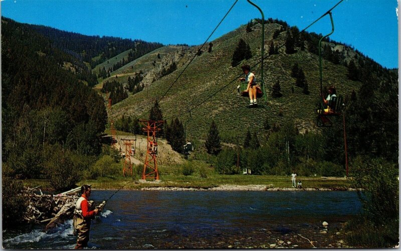 Vtg Wood River Idaho ID Fishing Under Sun Valley Ski Lift Postcard