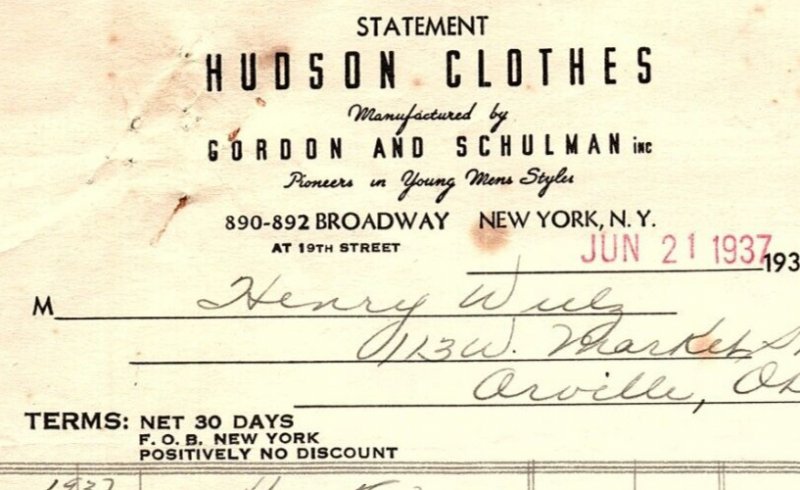 1937 HUDSON CLOTHES GORDON AND SCHULMAN N.Y. YOUNG MENS  BILLHEAD STATEMENT Z510