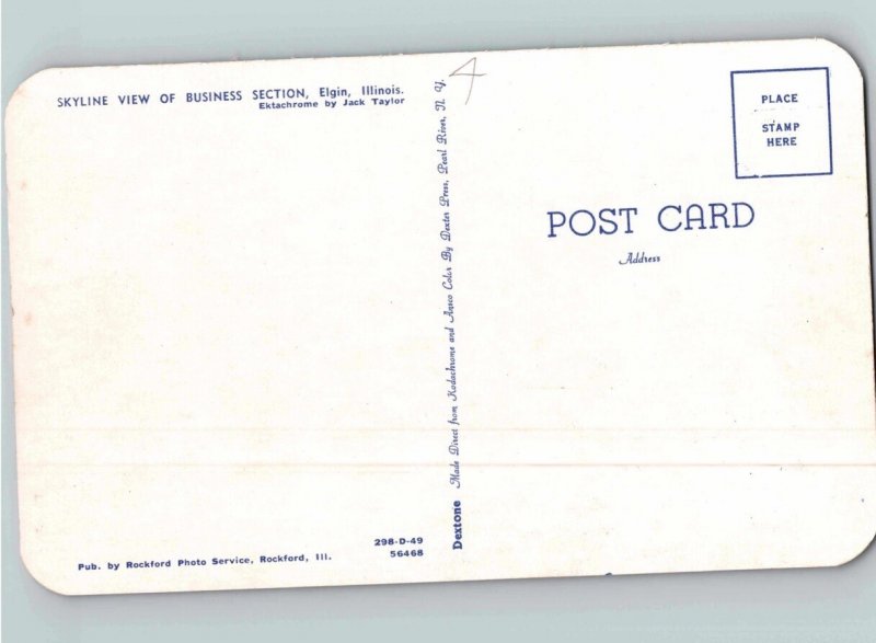 c1960 Skyline View Of Business District Elgin Illinois IL Fox River Dam Postcard