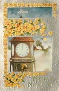 Greetings Card, New Year, Glad New Year, Tower Clock and Bell, Embossed