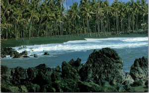 Kalapana Black Sand Beach Lava Rock Palm Groves Hawaii 1960s Postcard