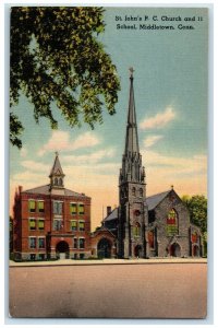 c1940s St. John RC Church And 11 School Middletown Connecticut CT Trees Postcard