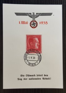 GERMANY THIRD 3RD REICH ORIGINAL 1938 HITLER STAMP 1st MAY SOUVENIER SHEET