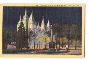 Salt Lake City Utah UT Postcard 1930-1950 Mormon Temple Illuminated