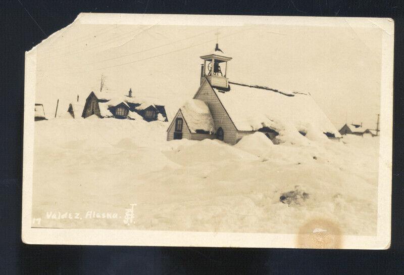 RPPC VALDEZ ALASKA HUGE SNOW BLIZZARD CHURCH VINTAGE REAL PHOTO POSTCARD