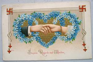  Good Luck Swastika & Clasped Hands EMB Postcard Gold